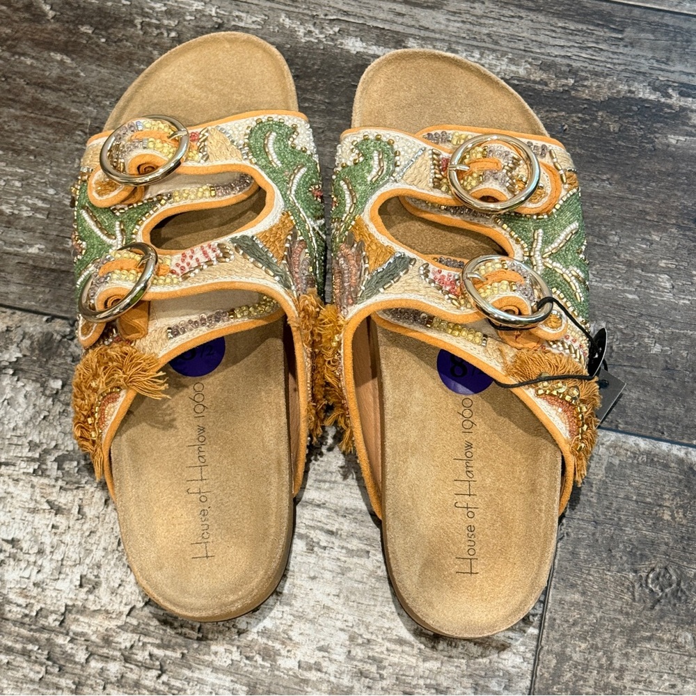 House of Harlow Slides 1960 Beaded Leaf Leather Buckle Sandals Size 8.5 NWT‎ - Picture 6 of 15